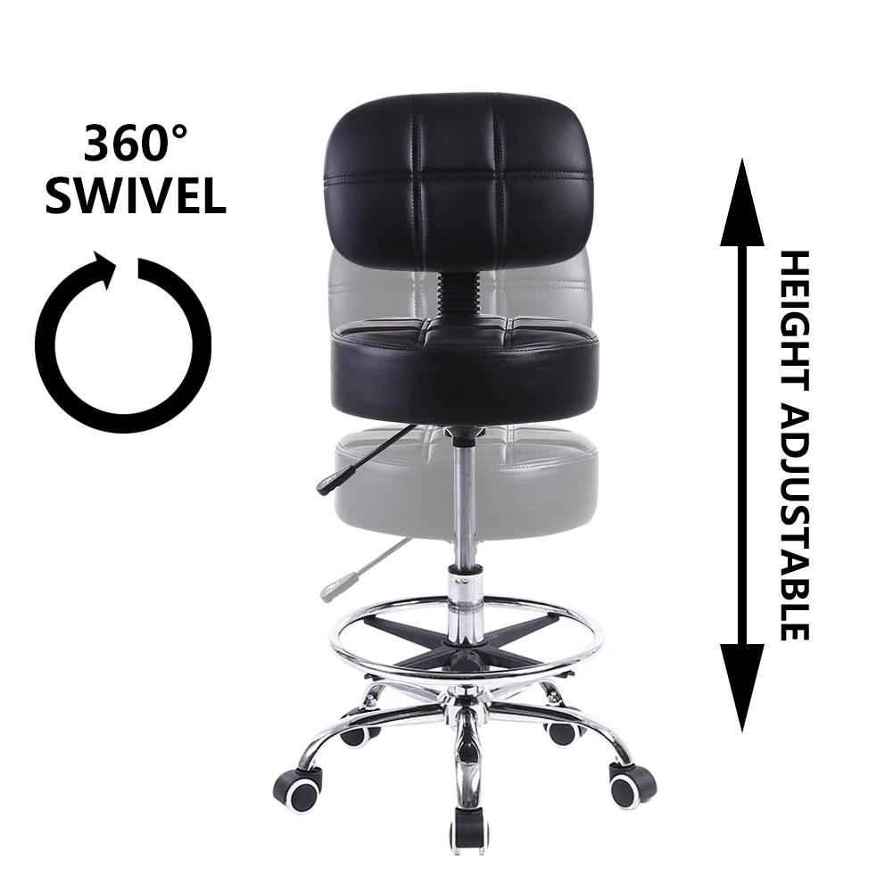 KKTONER Swivel Round Rolling Stool PU Leather with Adjustable Foot Rest Height Adjustable Task Work Drafting Chair with Back 3
