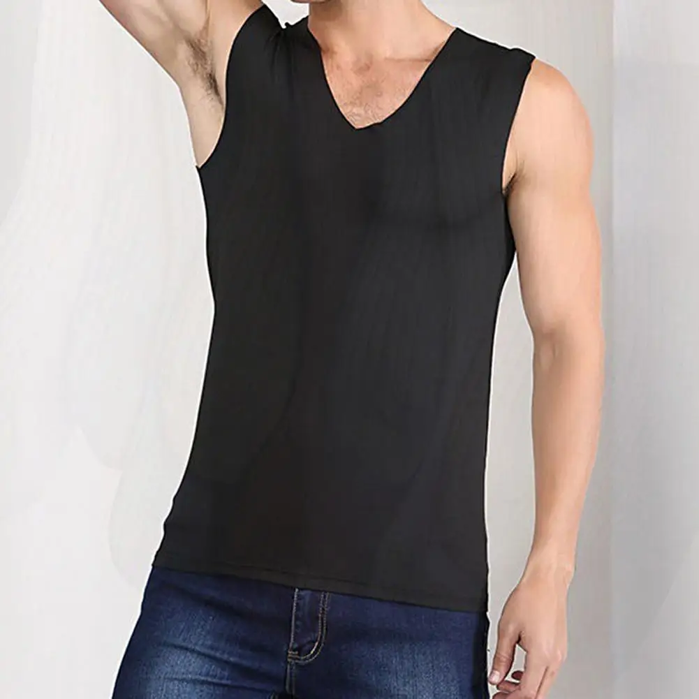 

Men Vest Sleeveless V-Neck Quick Dry Ice Silk Vest T-Shirts Tank Top Homewear Solid Color Thin Shirt Pyjamas Soft For Daily Wear