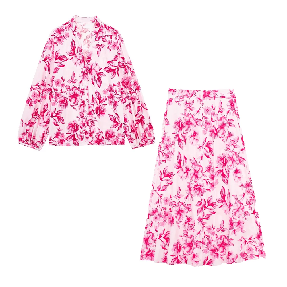 

set woman 2 pieces2024 FashionFloral printed shirt +Floral printed midi skirt Women's suit