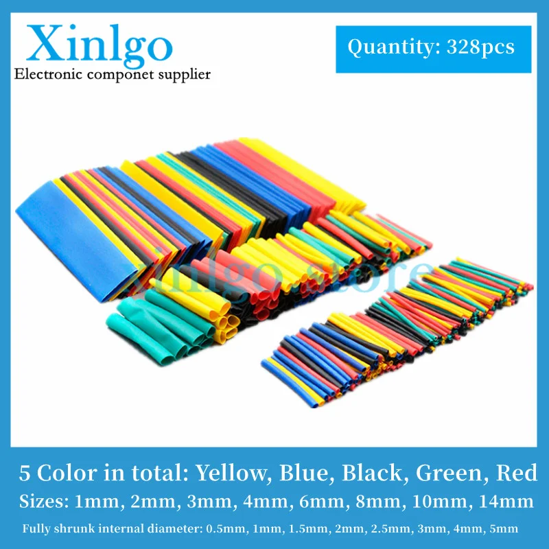 

328Pcs 8 Sizes 5 Color Multi Color Polyolefin 2:1 Halogen-Free Heat Shrink Tubing Tube Assortment Sleeving Wrap Tubes