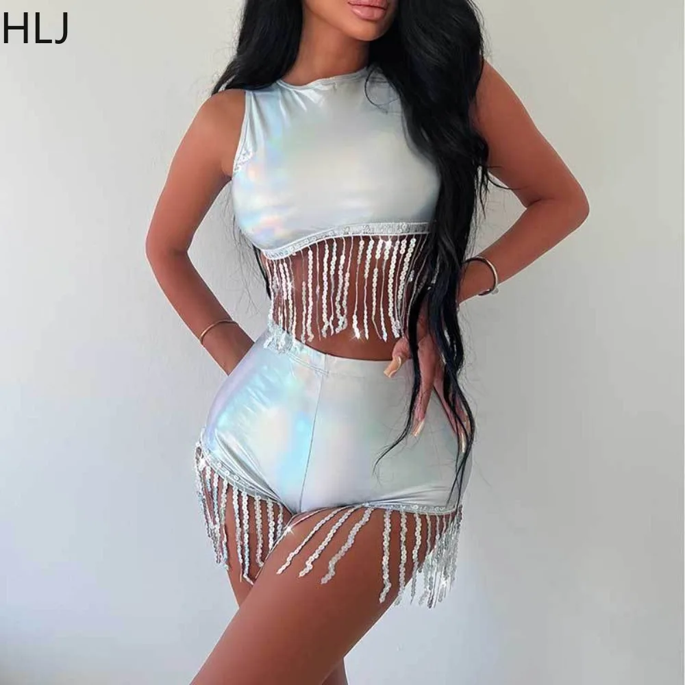 HLJ Sexy Laser Tassel Shorts Two Piece Sets Women Sleeveless Vest And Shorts Outfits Fashion Female Nightclub Party 2pcs Clothes atomstack 2pcs atomstack 10w replacement focusing lens for a10pro s10pro x7pro laser module and m50 module and xt20y40 module internal focusing lens