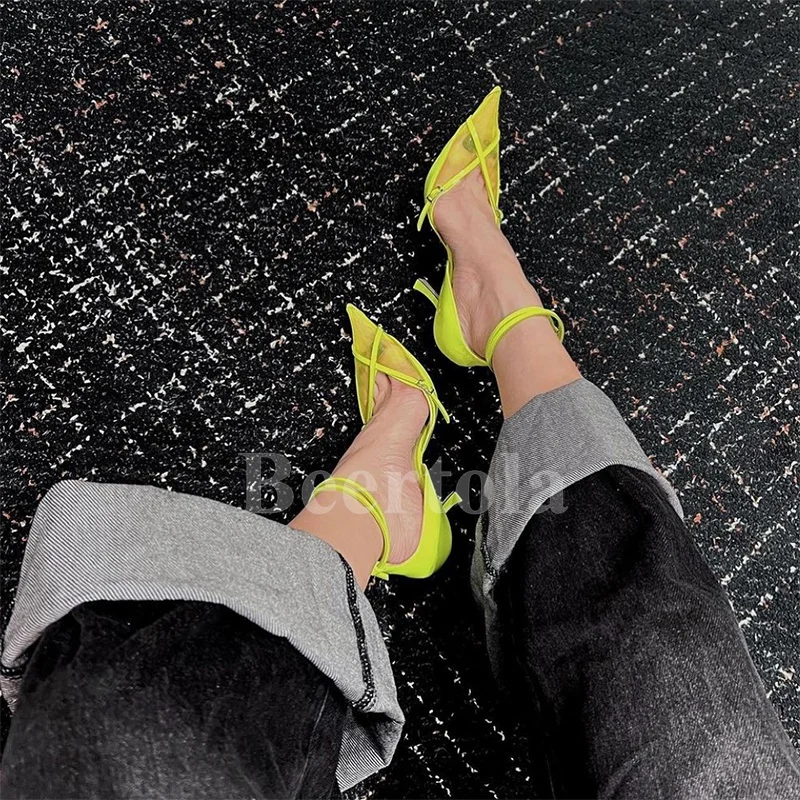 

Sexy Mesh Pointed Toe Sandals Woman Summer Ankle-Strap Stilettos Cover Heels Hollow Leather High Heels Ladies Party Dress Shoes