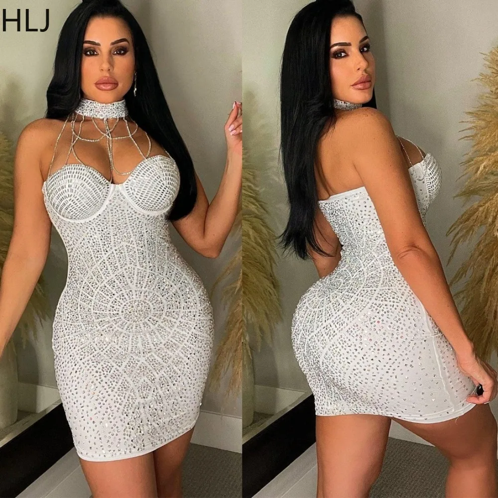 

HLJ Fashion Halter Tassels Rhinestones Bodycon Party Club Dresses Women Sleeveless Backless Slim Mini Dress Female Vestidos 2023