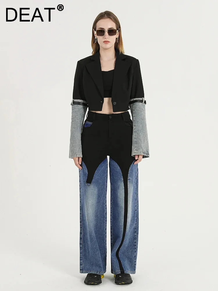 

DEAT Fashion Women's Blazer Notched Collar Single Button Denim Spliced Belt Sleeves Short Suit Jackets Spring 2024 New 7AB010