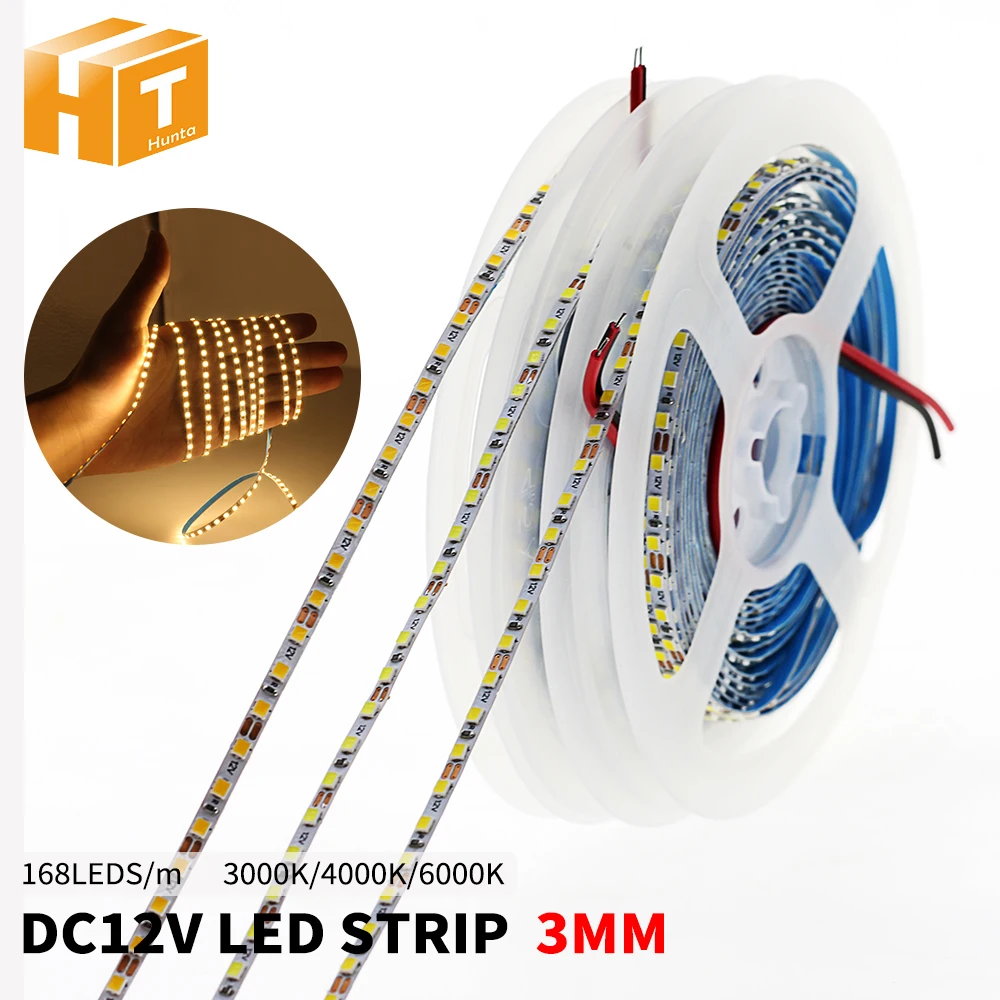 DC12V LED Strip 168LEDs High Flexible Light Strip 3mm 3000K 4000K 6000K SMD2025 Super Brightness 5m/lot