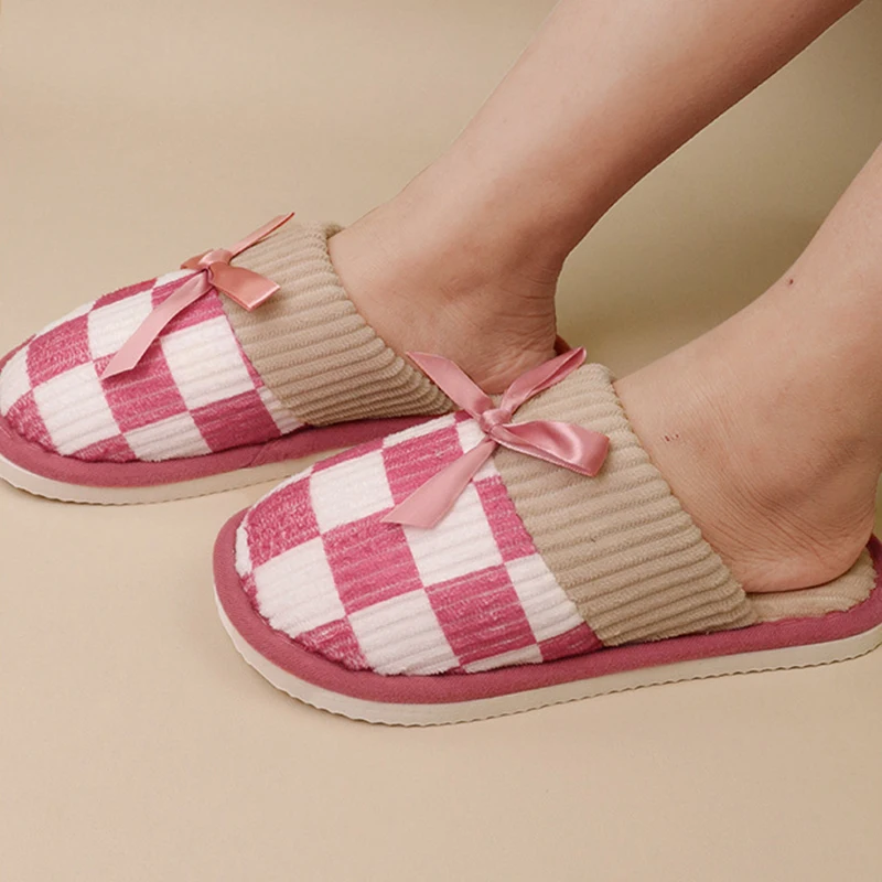 Mix Color Plaid Bowknot Cotton Slippers Women Comfort Soft Sole Non Slip Home Slipeprs Woman Thicken Plush Warm Fluffy Slides