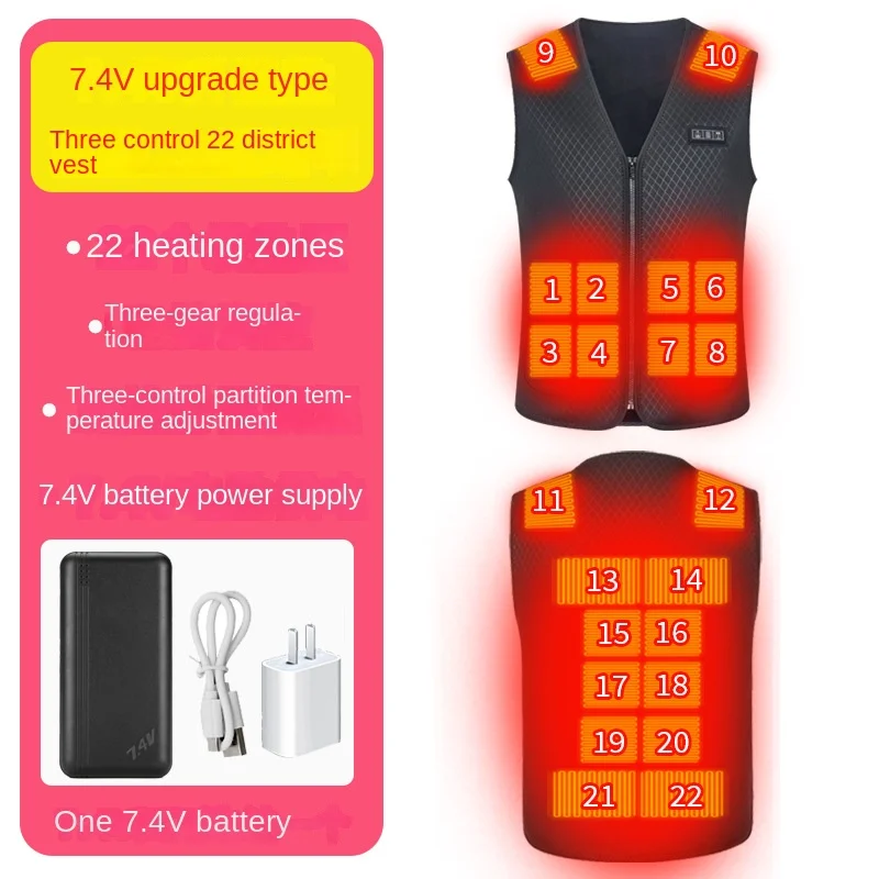 heating three control 22 zone 7.4V warm keeping constant temperature electric vest men's and women's vest charging vest