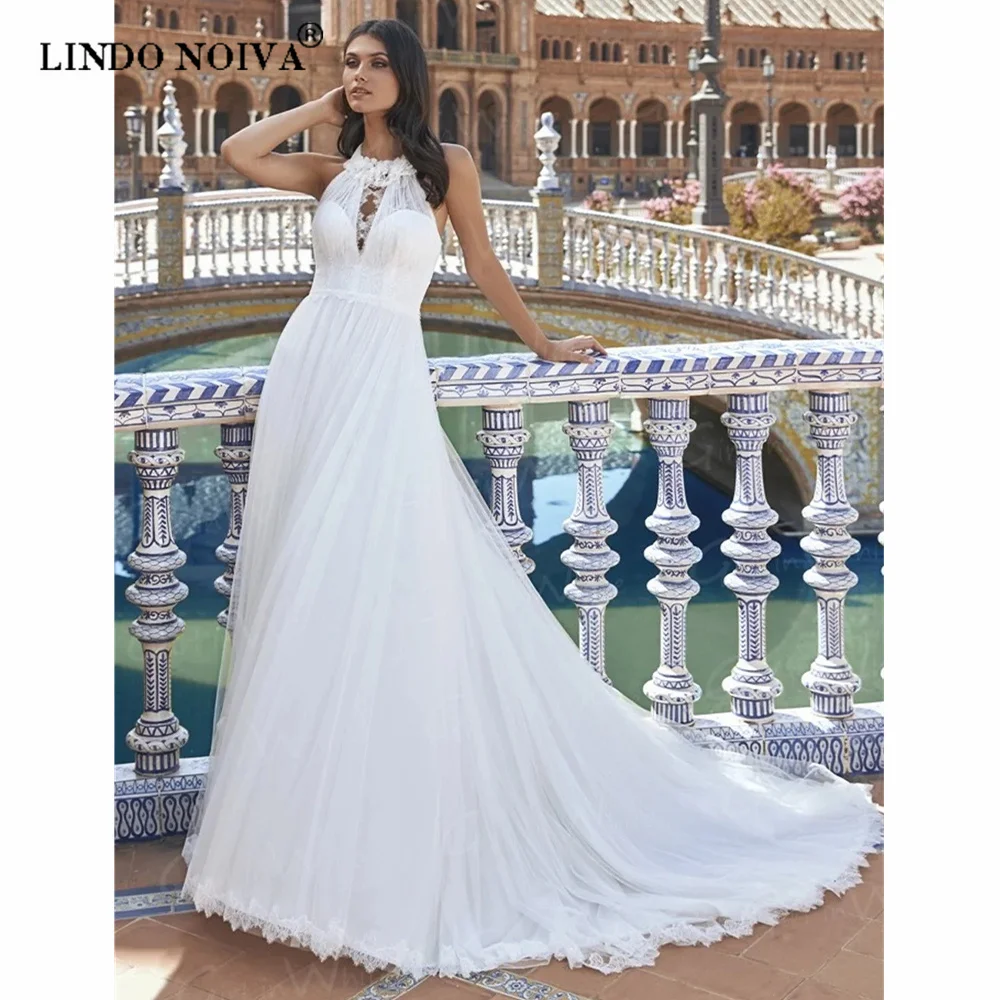 

LINDO A Line Sleeveless Floor Length Wedding Dress For Women Bride Aplliques Lace Brides Gown Open Back Button vestido de noiva