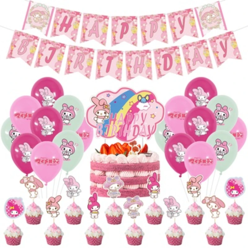 

Kawaii My Melody Themed Birthday Party Suit Anime Sanrio Flag Pulling Cake String Flag Inserting Elevator Balloon Christmas Gift