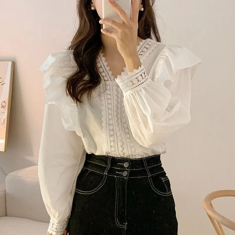 New Fashion V-neck Ruffled Bubble Sleeves Women's Long-sleeved White Shirt Elegant Casual Office Top Pullover Shirt