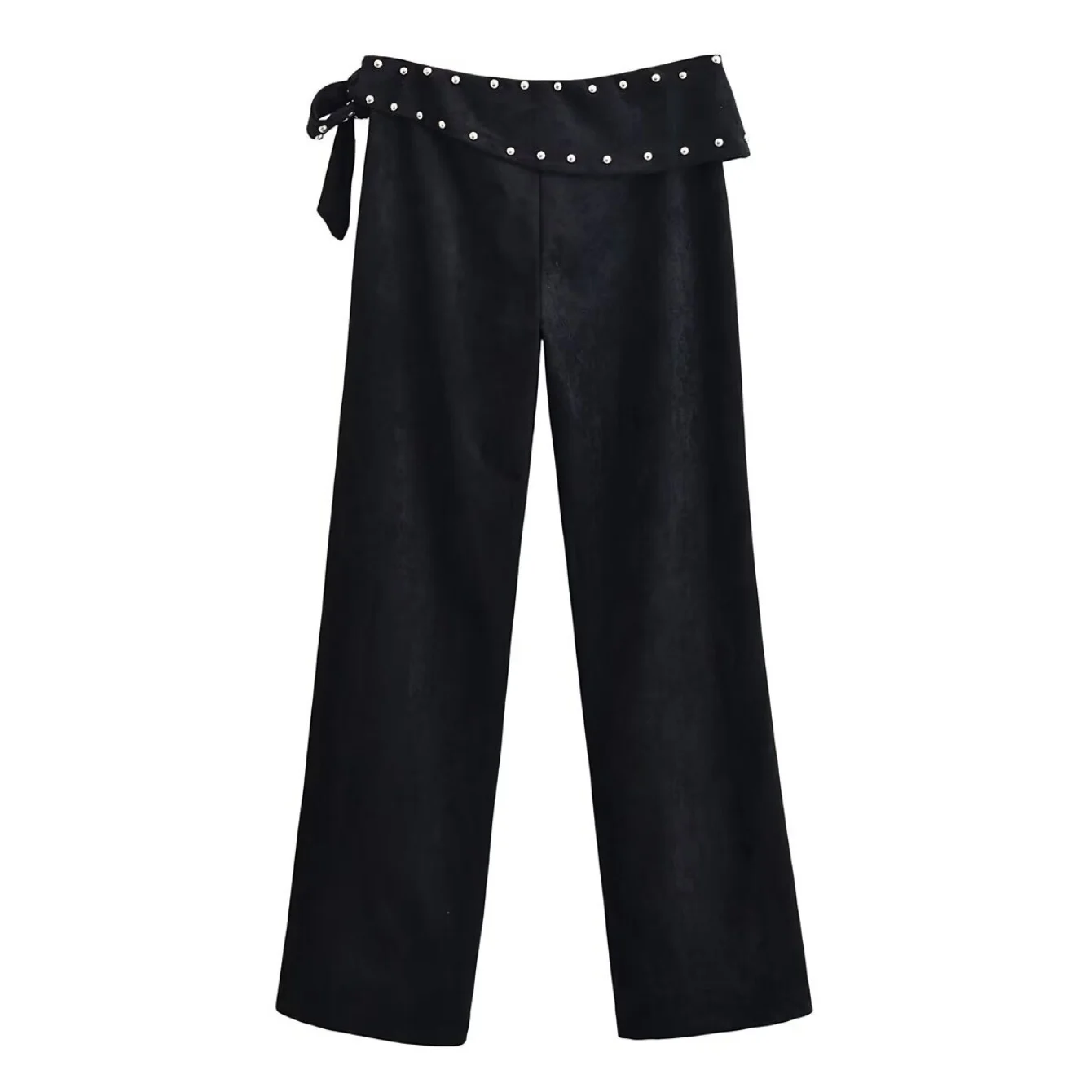 Women Spring Autumn Fashion Leisure Long Pants Female Rivet Decoration High Waist Wide-Leg Pants With Belt Lady Elegant Trousers
