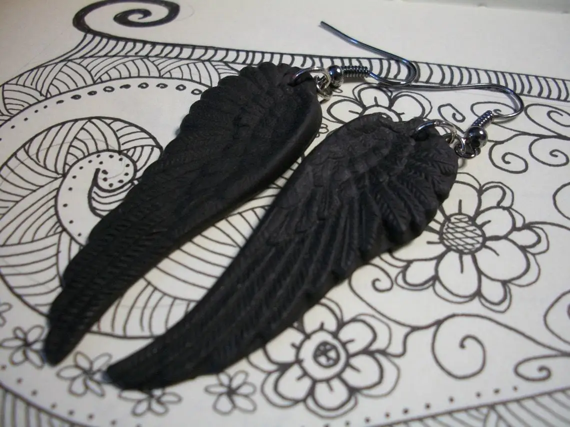 Gothic Black Wings Charm Earrings