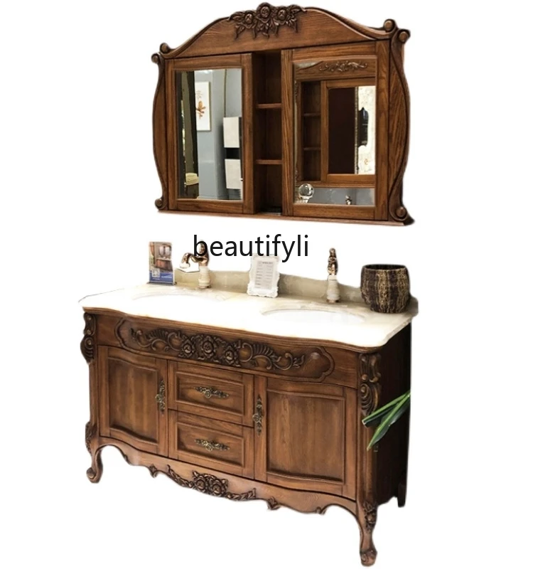 

Light Luxury Red Oak Bathroom Cabinet Solid Wood European Antique Wash Basin Double Basin Washstand Bathroom Washbasin