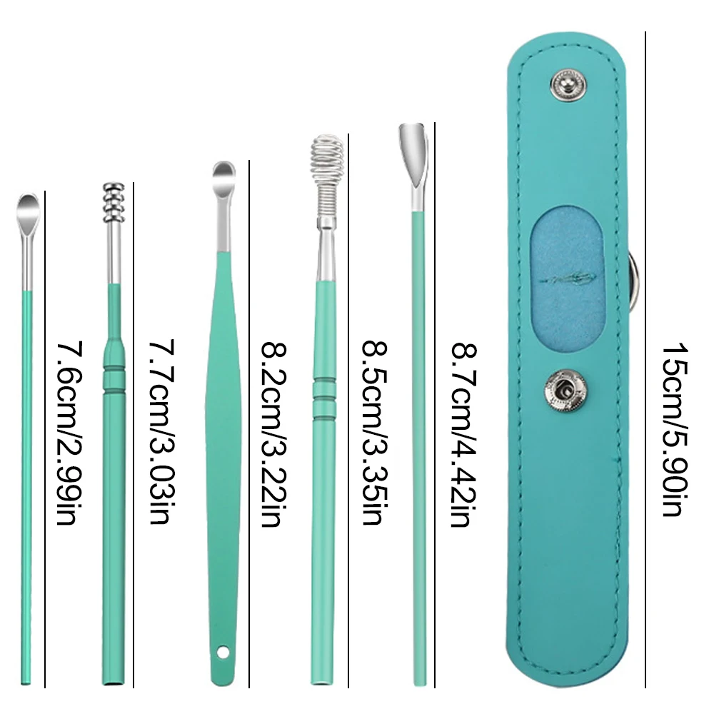 Ear Cleaner Wax Removal Tool Earpick Stick Springs Reusable Cleaning Earwax Spoon Swab Stainless Steel Ear Cure Health Kits 6Pcs ear cleaning spoon