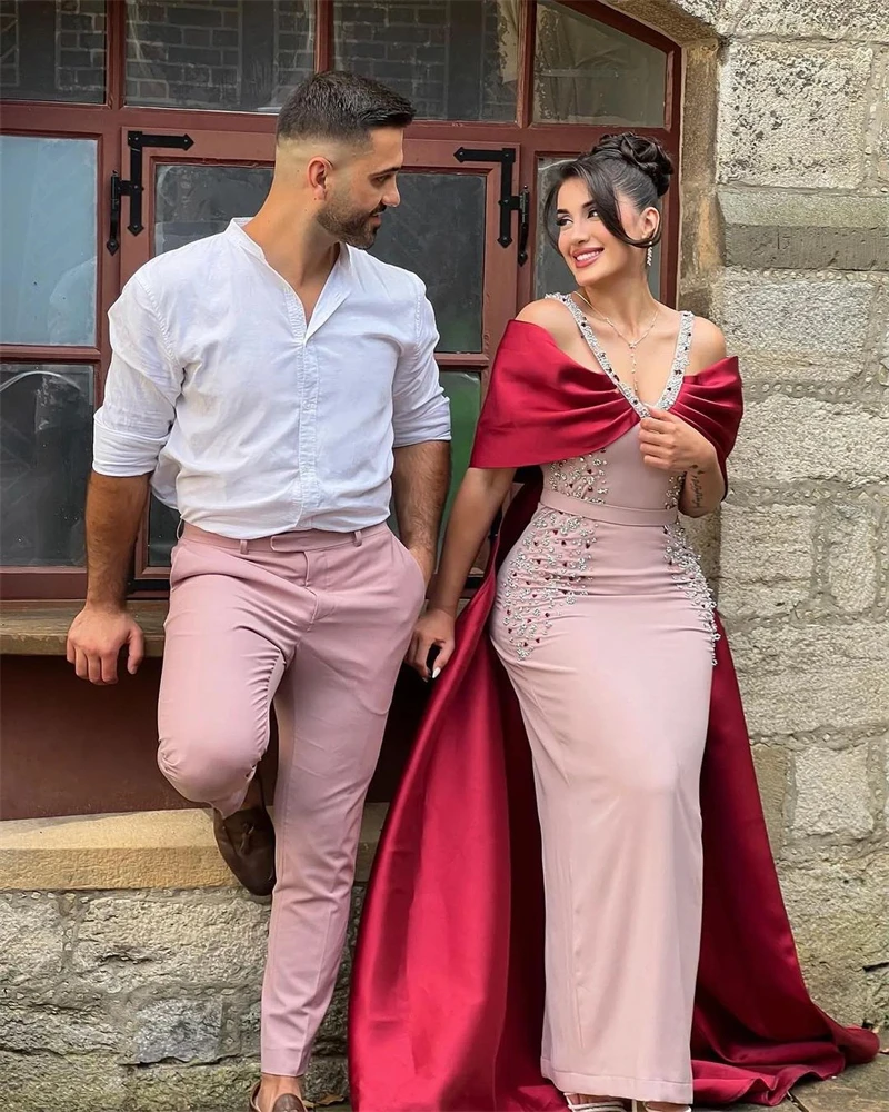 

Noble Popular Pink V Neckline Tight Prom Dress Ankle-Length With Short Sleeves Evening Summer Party Dress For Women2023