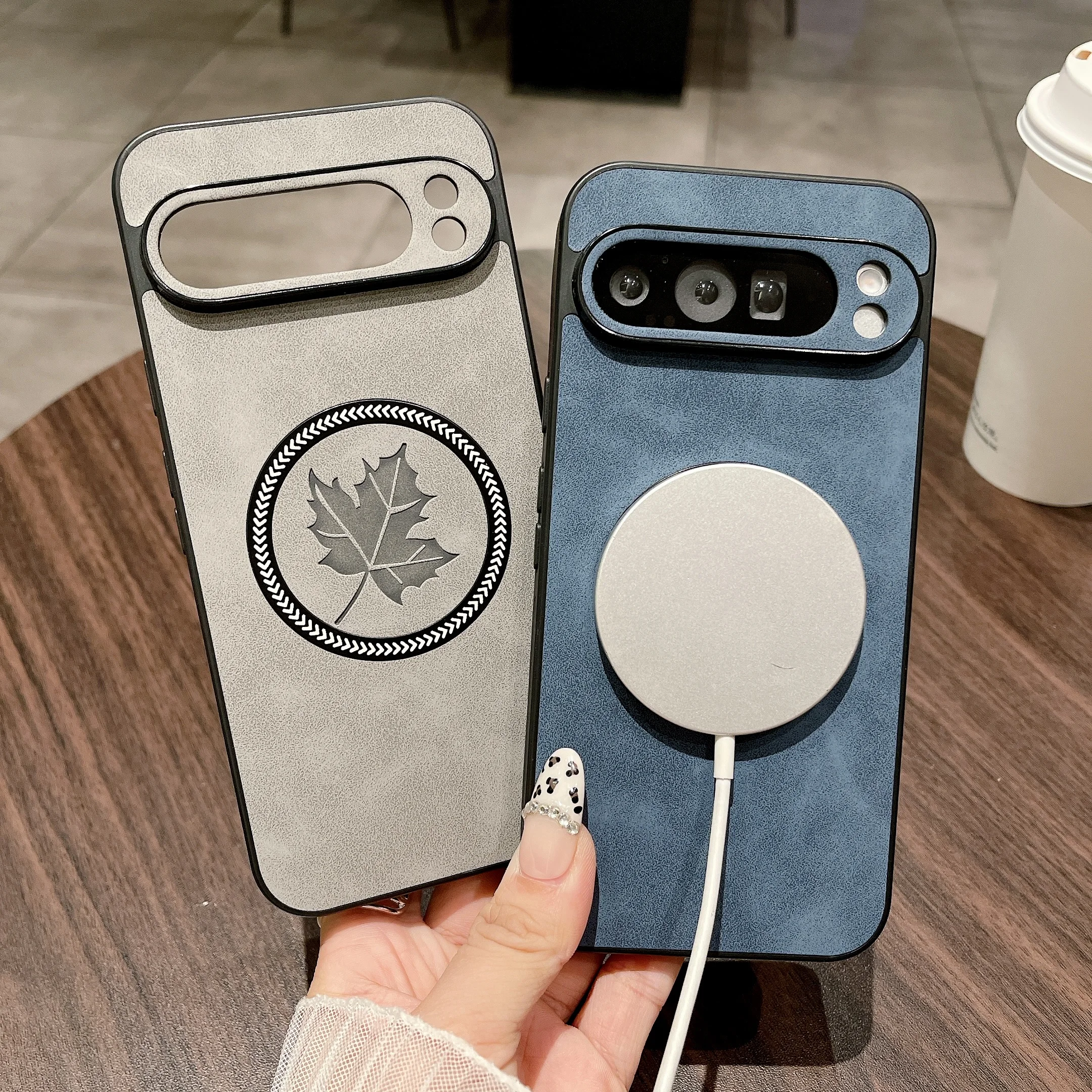 Luxury Leather Maple Leaf Phone Case with Magnetic Wireless Charging Capability