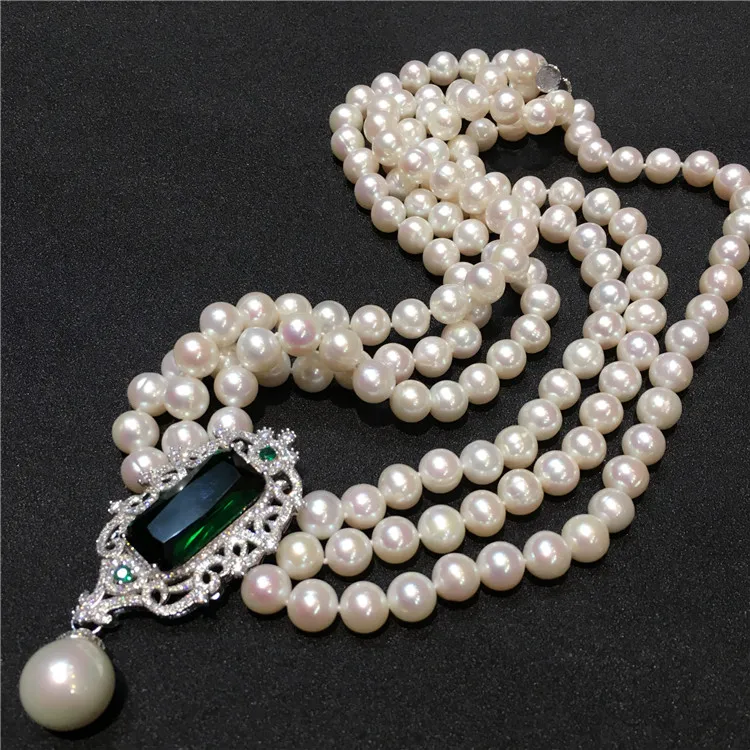 

3rows freshwater pearl white near round 8-9mm 17-19inch necklace& blue pendant wholesale nature beads