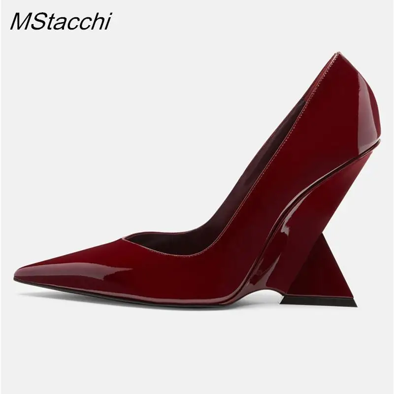 Runway Women Heels Pumps 2024 Designer Shoes Patent leather Pointed Toe Slingback Shallow Luxury Brand Strange Heel Woman Shoes