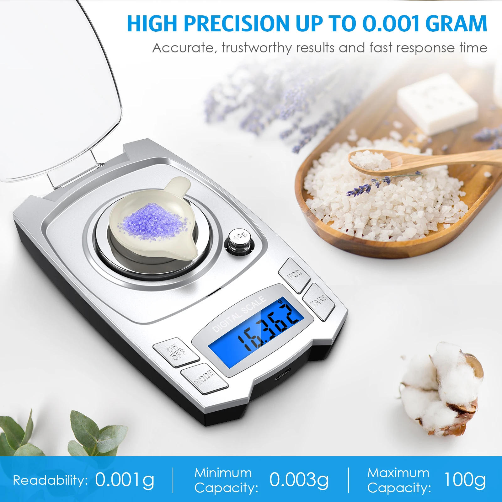 0.001g 정밀 전자 저울 100g/50g USB 충전 디지털 무게 보석 저울 휴대용 실험실 무게 밀리그램 규모