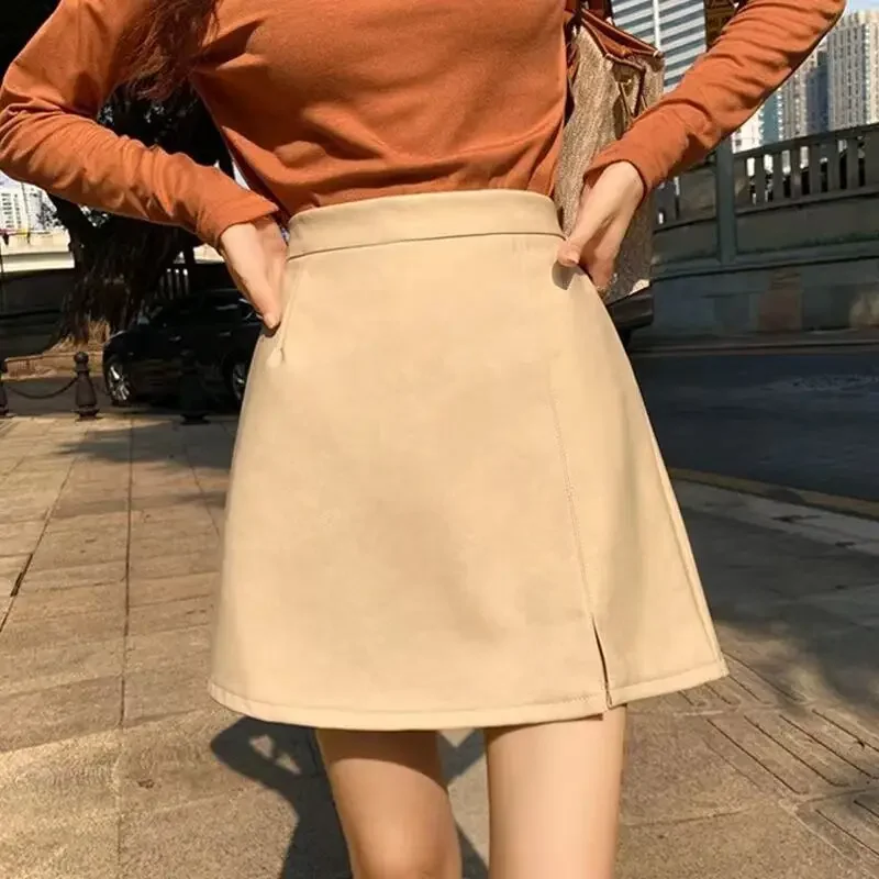 thumbnail image 1 of 2024 Otoño Nuevo Mini Vestido De Cintura Alta Anti-Exposición Falda De Línea A Adelgazante Falda Pequeña Bodycon Estilo Coreano Cuero De PU, 1 of 5