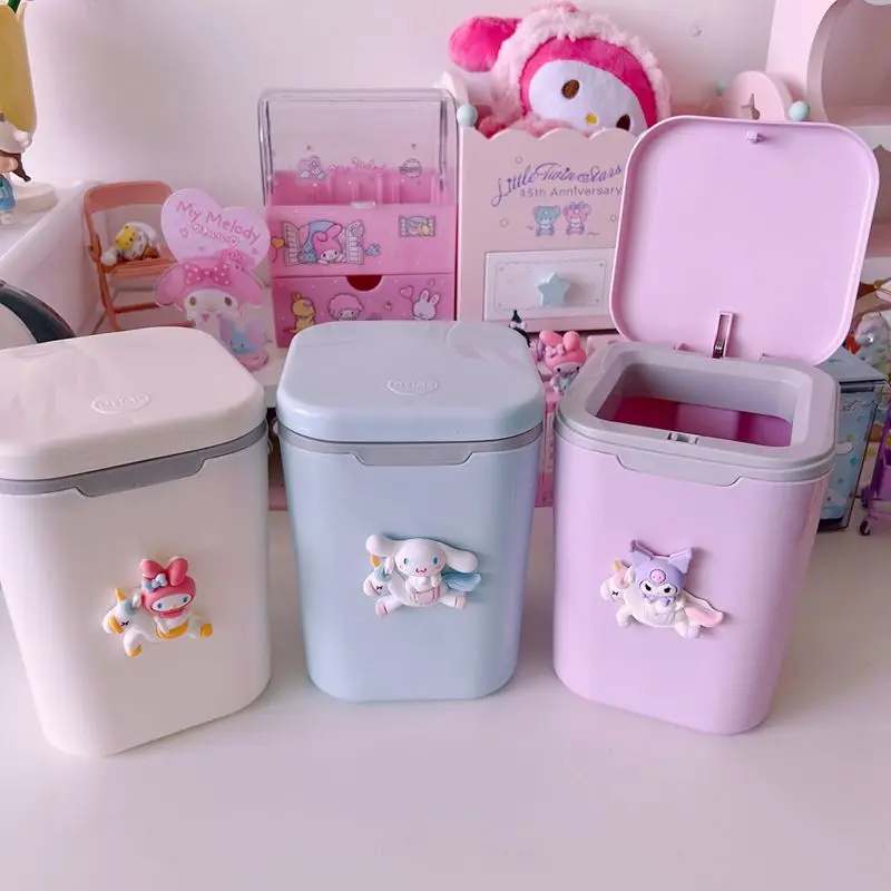 

Sanrio Hello Kitty Kuromi Cinnamoroll Waste Bin Trash Kawaii Can Swingbin Garbage Bin Toilet Paper Push Type Paper Basket Girls