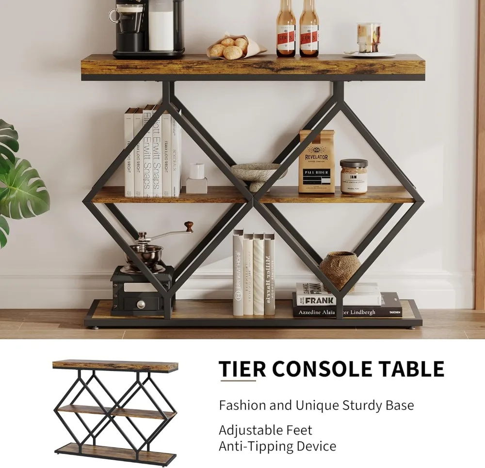 3-Tier Industrial Console Table with Storage, Rustic Brown Entryway Sofa Table, Diamond Metal Frame