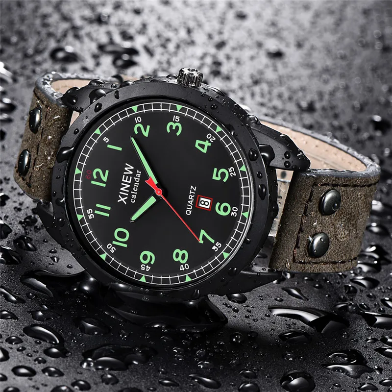 Wholesale 5pcs / lot XINEW Brand Men Watches Black Boys Fashion Casual Leather Band Military Date Quartz Watch Reloj Hombre