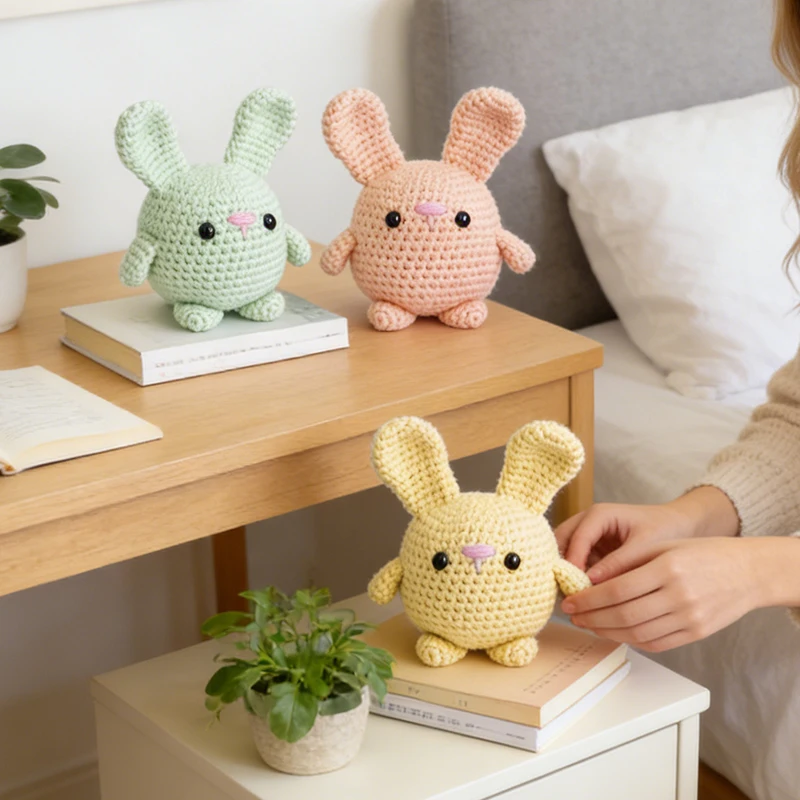 초보자를 위한 DIY 크로셰 토끼 키트 3가지 색상 귀여운 토끼 아미구루미 크로셰 키트 (실, 바늘, 액세서리 포함) 단계별 설명