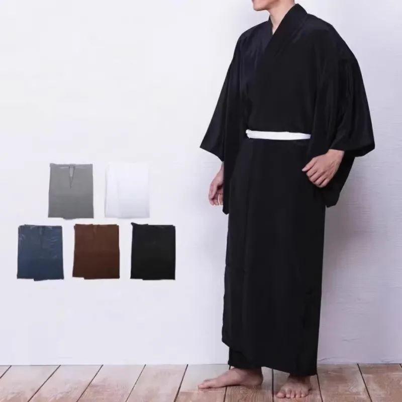 

Traditional Japanese Kimono Juban Men Long Robe with Belt Home Wear Costumes Yukata Male Breathable Underwear