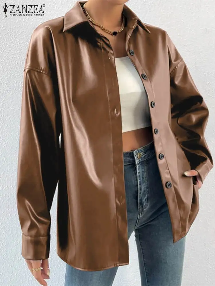 

ZANZEA Moto PU Leather Blazer Streetwear Jackets Women Bomber 2023 Autumn Lapel Collar Coats Long Sleeve Biker Buttons Outerwear