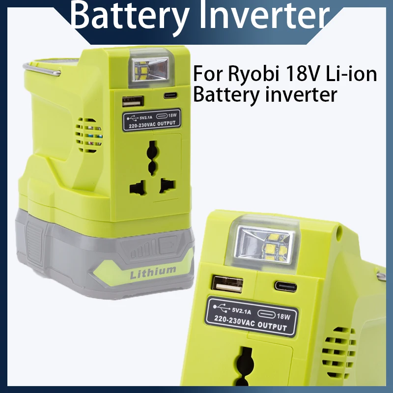 

200W Tool Battery Inverter for Ryobi 18V Li-ion Battery Inverter with LED Light and USB and Type-C Output Interface