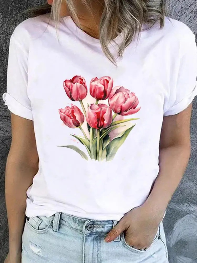 Flower Sweet Trend Cute 90s T-shirt Ladies Fashion Basic Women Graphic Short Sleeve Clothing Tee Top Clothes Print T Shirt