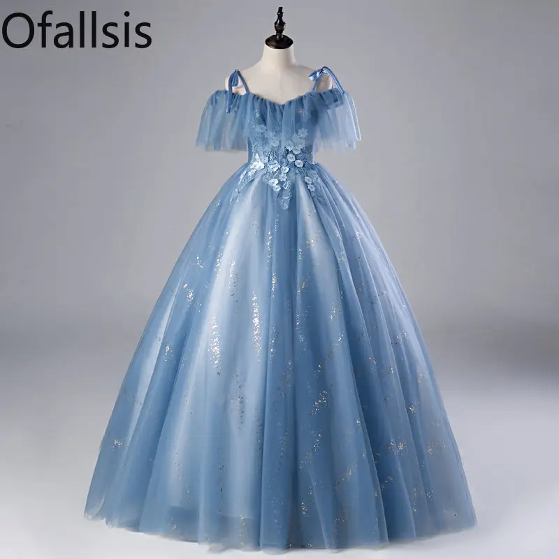 

Ofallsis Blue Off Shoulder Evening Dress Solo Performance 2024 New Art Exam Performance Vocal High End Long Hosting Puff Dresses