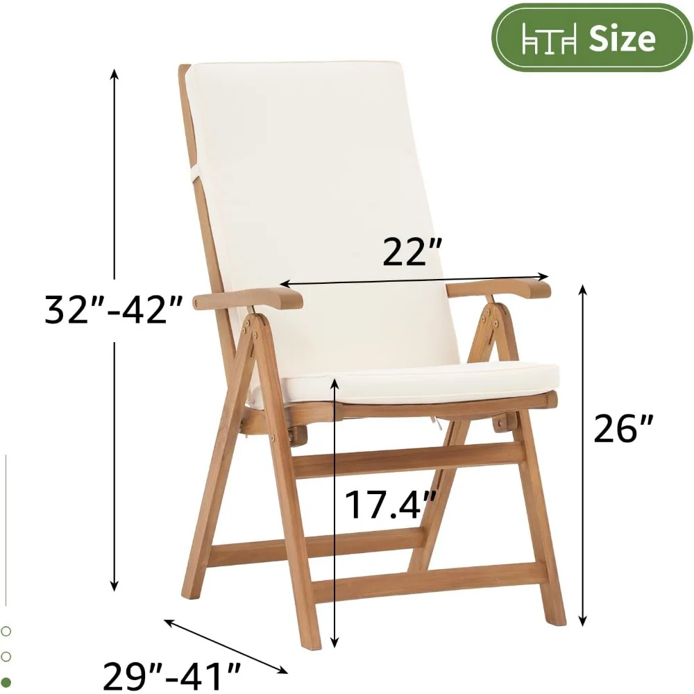 Folding Patio Dining Chair Set of 2, Outdoor Acacia Wooden Reclining Chair w/Armrest & Removeable Cushion, FSC Certified Wood 6
