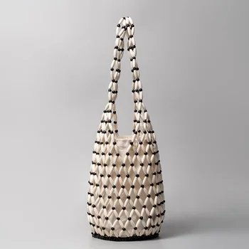Woven Bag Exquisite Design Hollow-out Wooden Bead Tote Bucket Shoulder Bag Female Summer Beach Handbag сумка мягкая пушистая 1