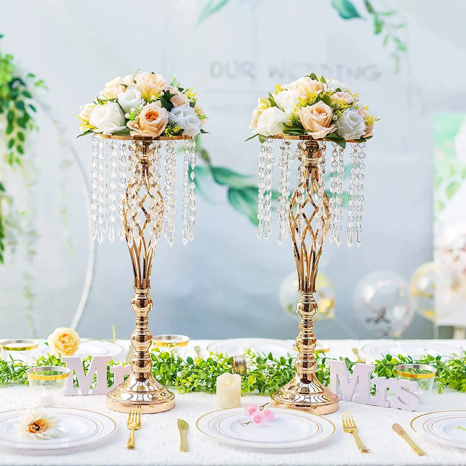 10 Pcs Gold Vase for Wedding Centerpieces Table Decorations with Chandelier Crystals, Flower Vase, Wedding Metal Flower Stand 2