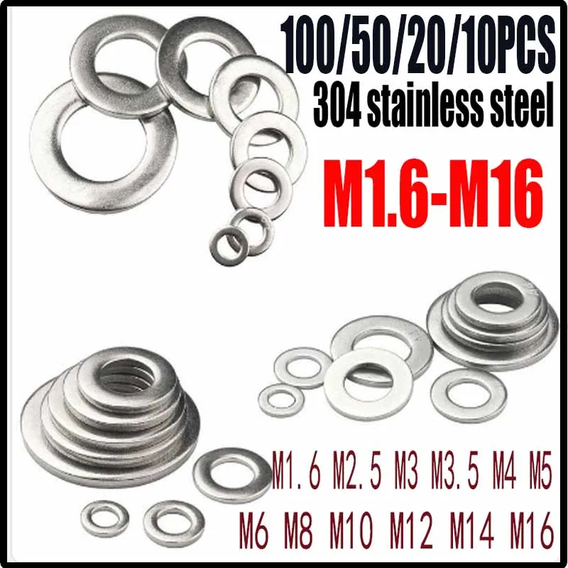 

M1.6/ M2/ M2.5/ M3/ M4/ M5/ M6/ M8/M10/M12/M14/M16 Flat Washer 304 Stainless Steel Metal Gasket Plain Washers Bolt Flat Washer