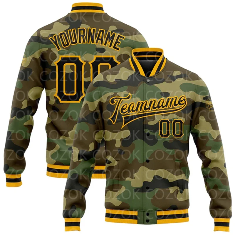 Custom Camouflage Yellow Color 3D Printed Baseball Button Jacket Bomber Full-Snap Varsity Letterman Jacket