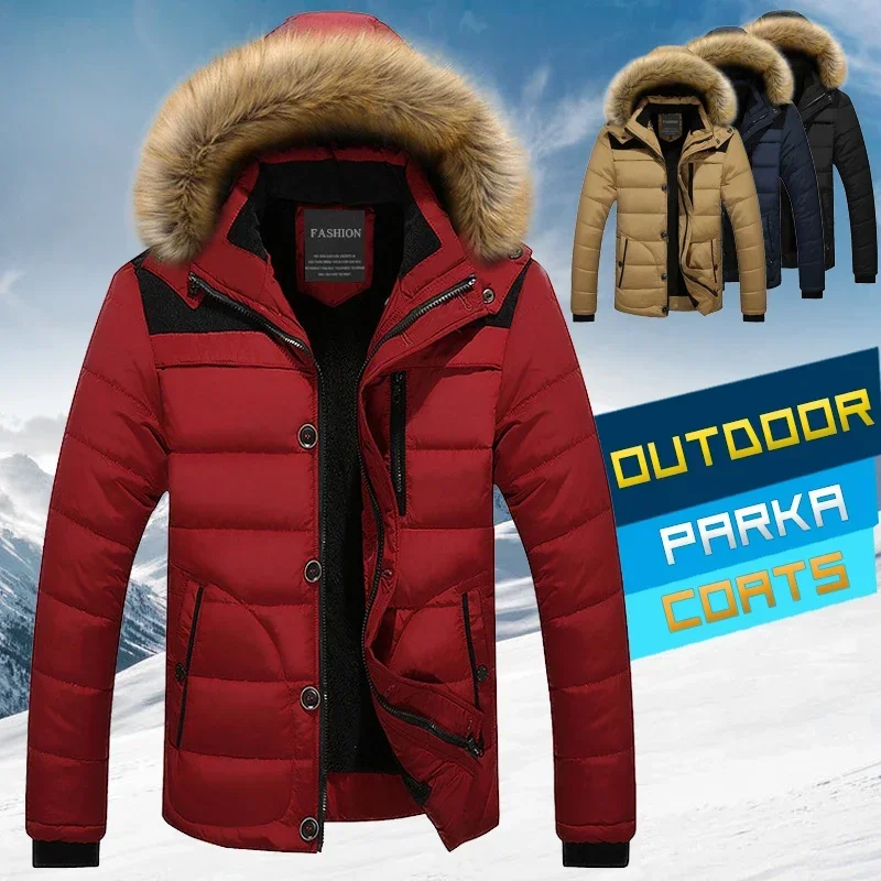 Down Jacket Cotton Jacket Parka Coat Parkas Coat Fur Collar Hooded Parka Down Jackets Outerwear Thick Male Warm Overcoat Wool Liner Coat Winter New Men Warm Cotton Jacket Coats