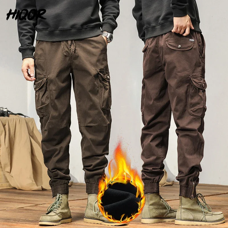 HIQOR New Cargo Pants Men Winter Man Y2k Harem Tactical Pants for Men Outdoor Fleece Multi-Pockets Cotton Casual Trousers