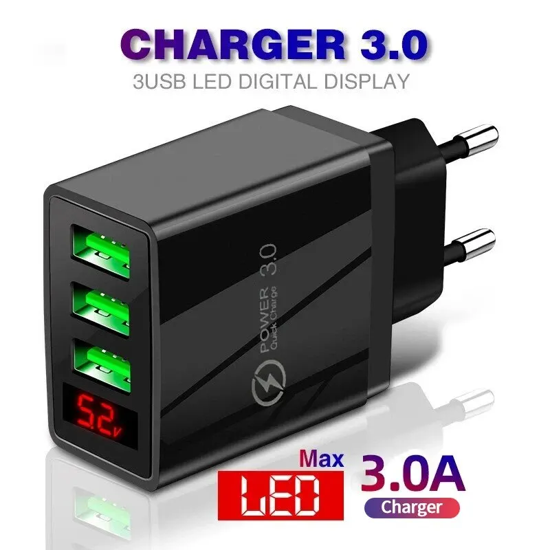 Phone Charger 5V3A Digital Display Charger Mult Port 3USB Digital Display Fast Charger Smartphone Charging Head