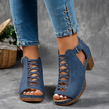 Women Summer Elegant Sandals Thick Heel Wedge Chunky High Heels Open Toe Hollow Cross Bundled Wedding Versatile Shoes 1