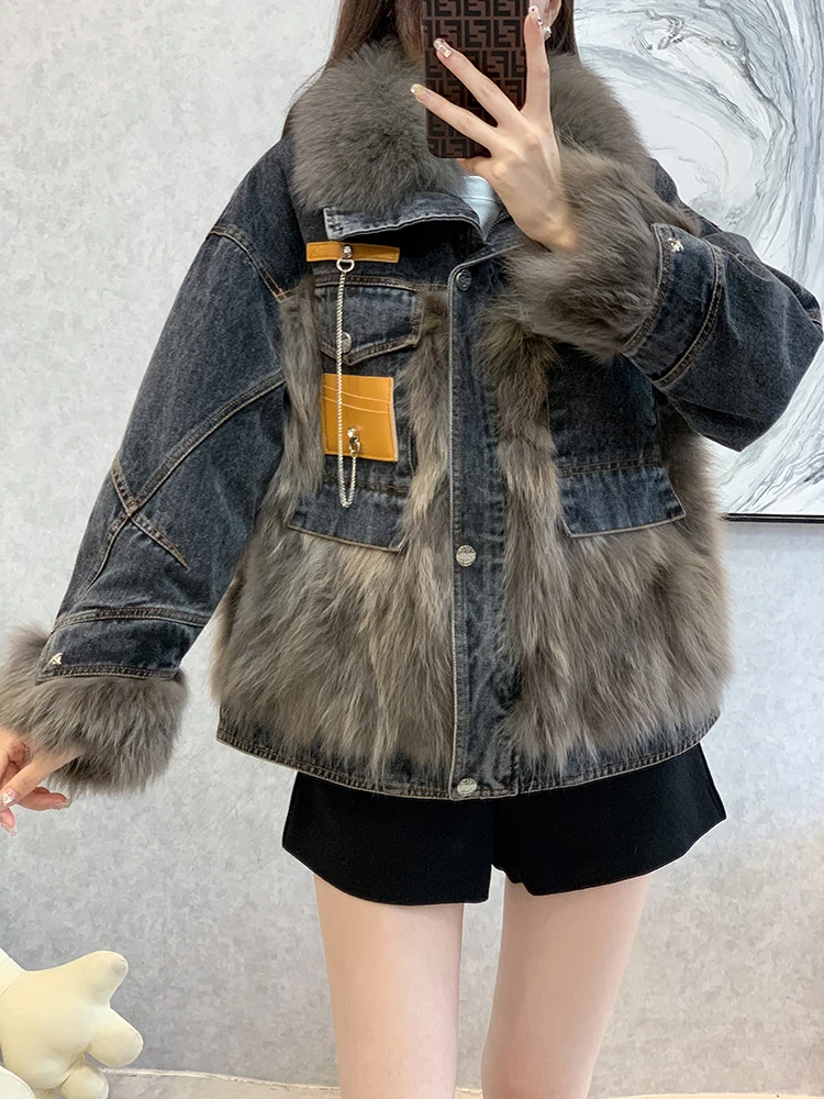 Chic Metal Chain Moto Biker Style Denim Fur Jacket Women Winter Thick Warm Zipper Up Overcoat Loose Casual Short Coat Trendy