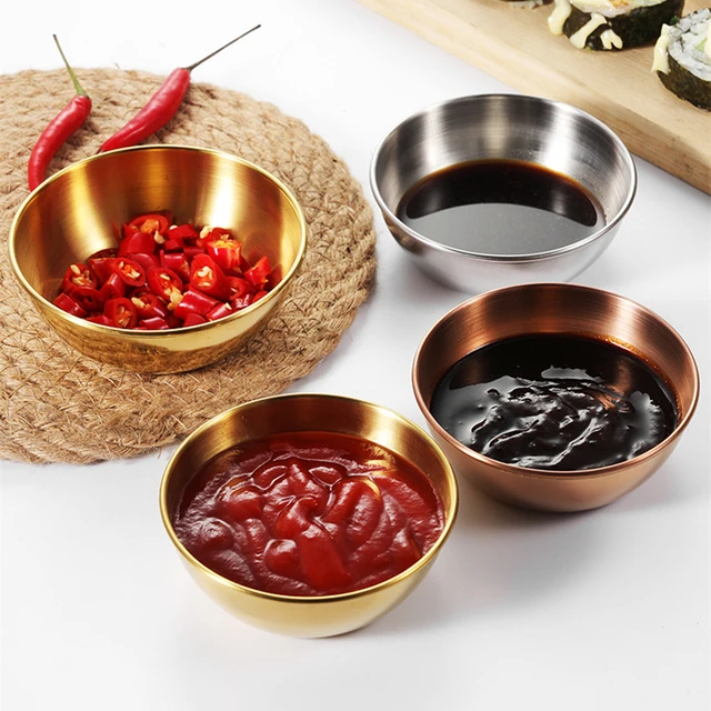 4pcs Stainless Steel Food Dipping Bowl Sauce Cup Seasoning Dish Saucer Appetizer Plates Ketchup Sauce Container (Size S + Size M + 2pcs Size L), Size