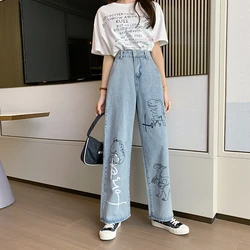 S 5XL calças de brim retas das mulheres 2022 primavera outono novo plus size cintura alta solta dos desenhos animados imprimir calças jeans hip hop