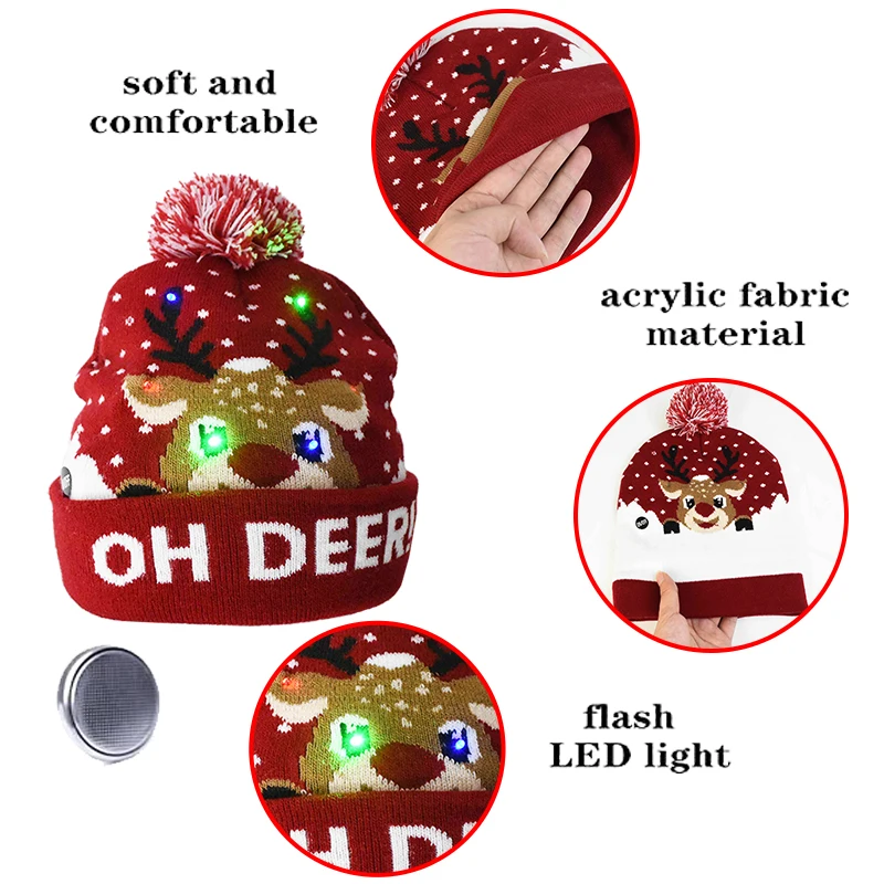 Christmas Beanie Hat Christmas Hats Sweater Santa Elk Knitted Beanie Hat With LED Light Up Cartoon Patteren For Kids New Year Supplies
