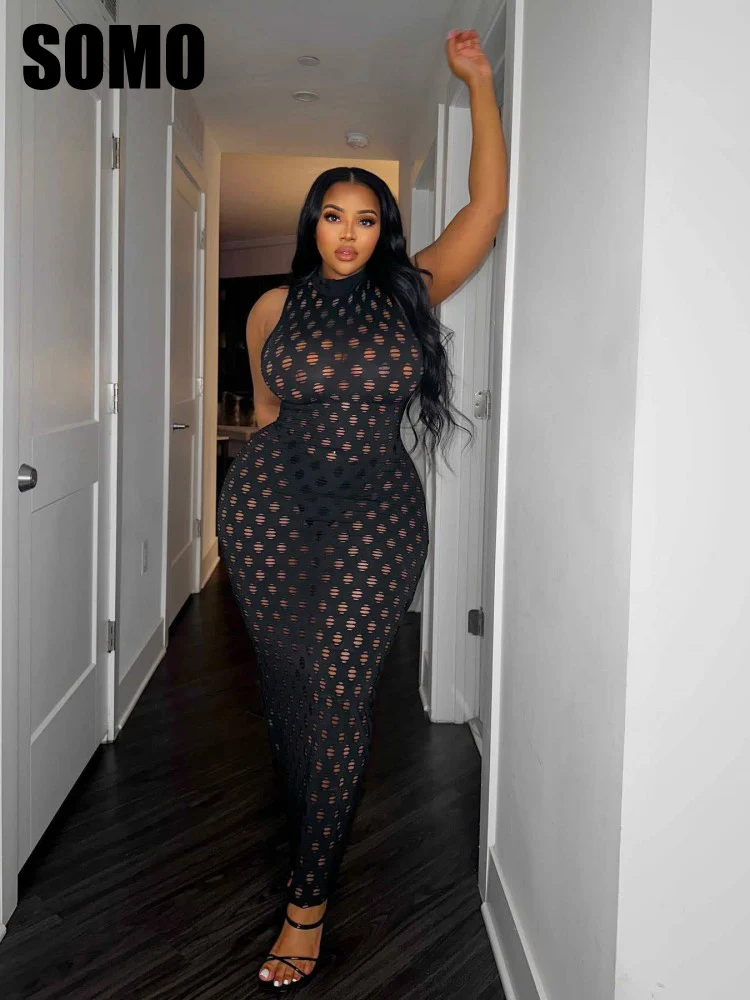 

SOMO Plus Size Fashion Elegant Sexy Lace See Through Wrap Women Dress Long Summer Sleeveless Party Dress Wholesale Dropshipping