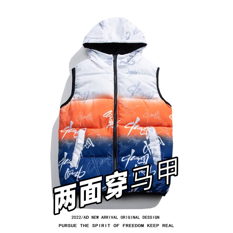

Brand Winter Hooded Sleeveless Jacket For Men Women Thick Warm Two Sides Wear Vest Light Plus Size Cotton Vests Couple Waistcoat