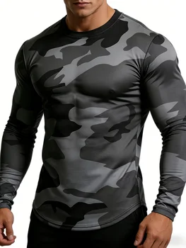T-shirt mimetica militare da uomo, girocollo, top sportivo estivo a maniche lunghe, casual e ampio