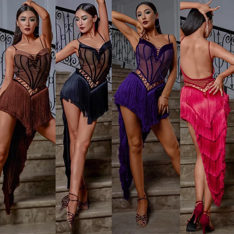 

2023 Latin Dance Dress Women Sexy Competition Dress Back Long Tassel Rumba Performance Costume Black Fringe Dress Prom DNV17604